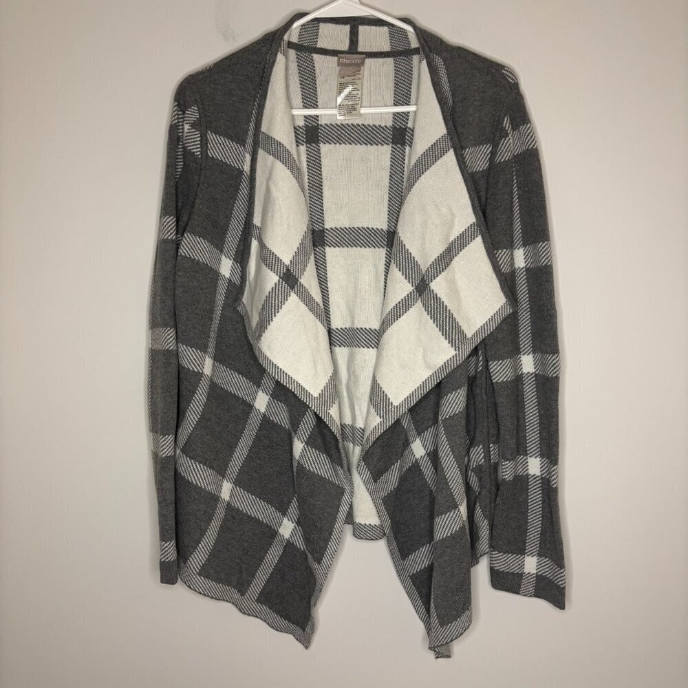 CHICO'S Cardigan Women M (1) Grey White Plaid Open Front Stretch